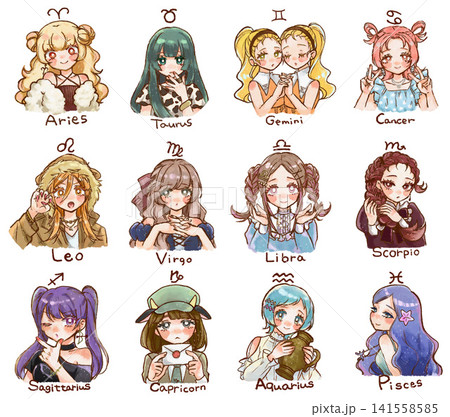 12星座をイメージした女の子の手書きイラスト 12星座をイメージした女の子の手書きイラスト 141558585