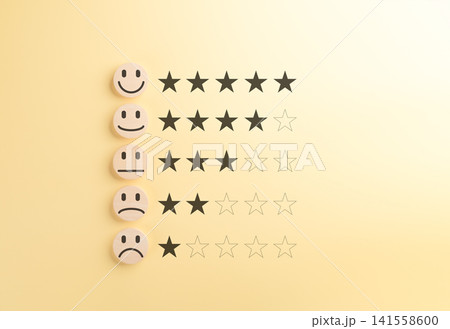 Customer Satisfaction Rating with Emoji Faces and Star Scale. Wooden smile face icons five-star rating scale on background, representing customer feedback, experience reviews, satisfaction evaluation, 141558600