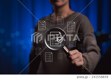 Document review process and quality control concept. Person holds magnifying glass over checklist icon, document verification, quality control, compliance auditing, business data evaluation processes, Document review process and quality control concept. Person holds magnifying glass over checklist icon, document verification, quality control, compliance auditing, business data evaluation processes, 141558659