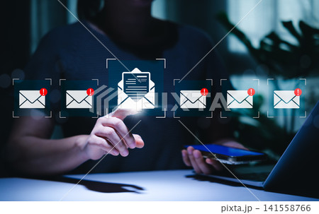 New Email Notification interaction Concept. Person interacts with email icons featuring alert symbols, representing incoming messages, email security threats, spam alerts, communication management, 141558766