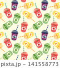 Fruit smoothie vector seamless pattern illustration. Refreshing summer colorful juice drinks in plastic takeaway cups with lid and straw on light background. Cute vibrant cold beverages repeat tile 141558773