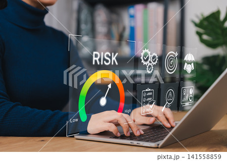 Risk assessment and management performance indicator gauge. Analyzing risk levels with icons of compliance, protection, analytics, mitigation strategies in corporate setting, business continuity, Risk assessment and management performance indicator gauge. Analyzing risk levels with icons of compliance, protection, analytics, mitigation strategies in corporate setting, business continuity, 141558859