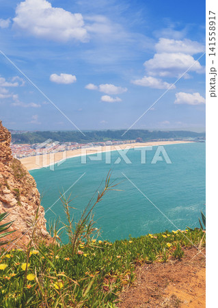 Atlantic ocean, beach in Nazare. View from mount of Nazare city, Portugal, Europe 141558917