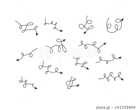 Thin line handdrawn curve arrow set. Doodle sketch pen and pencil freehand scribbble drawing. Left, up, down, side, cross, wavy, spiral, vortex Thin line handdrawn curve arrow set. Doodle sketch pen and pencil freehand scribbble drawing. Left, up, down, side, cross, wavy, spiral, vortex 141559404