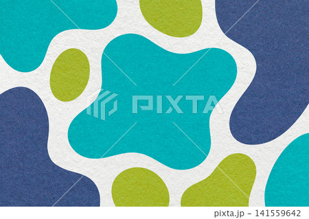 Abstract dark blue, green, turquoise and white paper texture background with amorphous fluid blob shapes and spots in flat 141559642