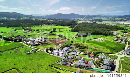 A stunning aerial view reveals a vibrant coastal landscape with lush greenery and a beach 141559841