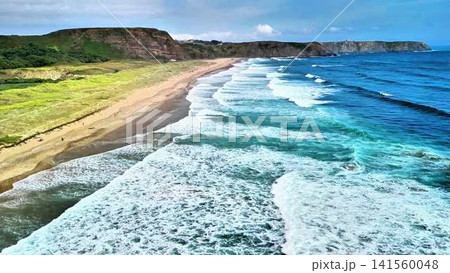 Breathtaking Aerial View of a Serene Beach with Gentle Ocean Waves and Scenic Beauty Breathtaking Aerial View of a Serene Beach with Gentle Ocean Waves and Scenic Beauty 141560048
