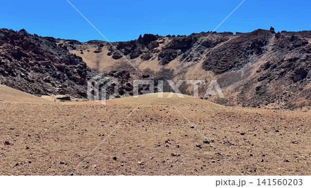 A Vast Barren Landscape Featuring Rocky Terrain Stretching Under a Clear Blue Sky Above A Vast Barren Landscape Featuring Rocky Terrain Stretching Under a Clear Blue Sky Above 141560203