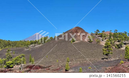 Experience the stunning and breathtaking landscape of volcanic peaks beneath clear blue skies 141560255