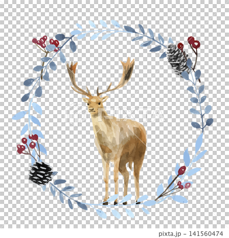 Deer illustration (watercolor style, winter wreath and berries) Deer illustration (watercolor style, winter wreath and berries) 141560474