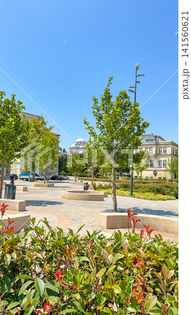 Urban park scene featuring green trees and colorful shrubs in the foreground, with a clear blue sky above and residential buildings visible in the background, creating a vibrant outdoor environment 141560621