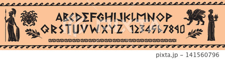 Greek font print, hand drawn ancient Rome alphabet, mythology old ornamental typeface, bold numbers. Greek font print, hand drawn ancient Rome alphabet, mythology old ornamental typeface, bold numbers. 141560796
