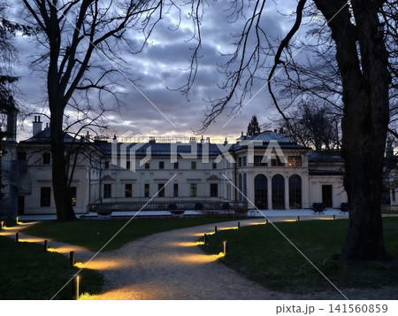 Nighttime illumination emphasizes symmetrical design of prestigious estate and its grounds Nighttime illumination emphasizes symmetrical design of prestigious estate and its grounds 141560859