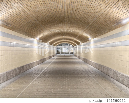 Long symmetrical tunnel with warm lighting. Spacious vaulted corridor illuminated by gentle lights 141560922