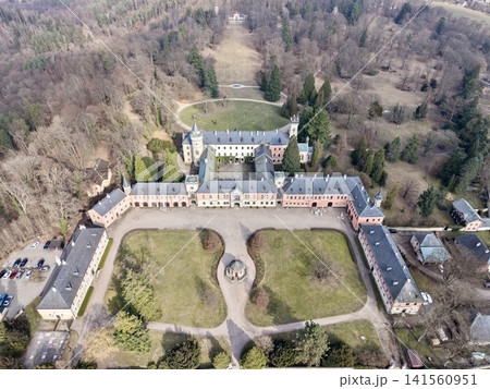 Captivating aerial photograph showcasing estate nestled among woodland with gardens leading to forest edge Captivating aerial photograph showcasing estate nestled among woodland with gardens leading to forest edge 141560951