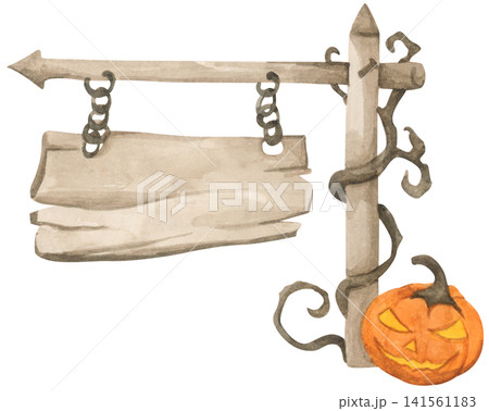Halloween wooden sign board, spooky wood signpost. Watercolor illustration. 141561183