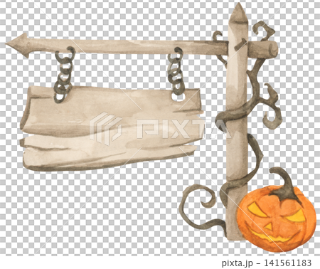 Halloween wooden sign board, spooky wood signpost. Watercolor illustration. 141561183