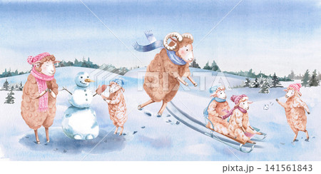 A scene of a family of sheep playing games in a winter landscape. This isolated illustration is suitable for greeting cards, New Year's decorations, children's books, horoscopes, and calendars. A scene of a family of sheep playing games in a winter landscape. This isolated illustration is suitable for greeting cards, New Year's decorations, children's books, horoscopes, and calendars. 141561843