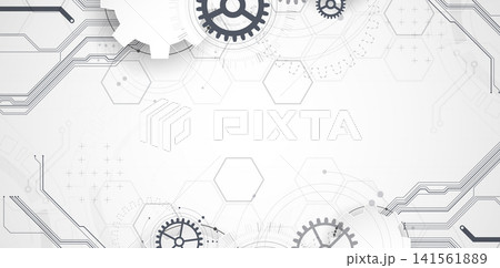 Technology background with grey gears, circuit board lines, geometric circles. Vector Technology background with grey gears, circuit board lines, geometric circles. Vector 141561889