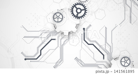 Technology background with grey gears, circuit board lines, geometric circles. Vector Technology background with grey gears, circuit board lines, geometric circles. Vector 141561895