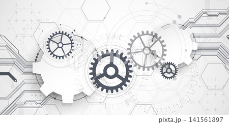 Technology background with grey gears, circuit board lines, geometric circles. Vector Technology background with grey gears, circuit board lines, geometric circles. Vector 141561897