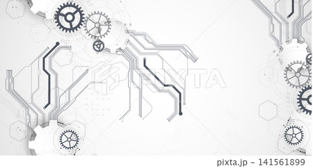 Technology background with grey gears, circuit board lines, geometric circles. Vector Technology background with grey gears, circuit board lines, geometric circles. Vector 141561899