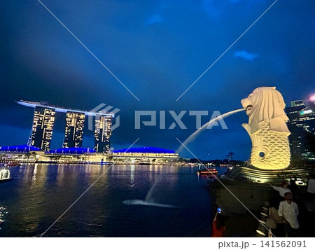マリーナベイ・サンズとマーライオンの夜景 マリーナベイ・サンズとマーライオンの夜景 141562091