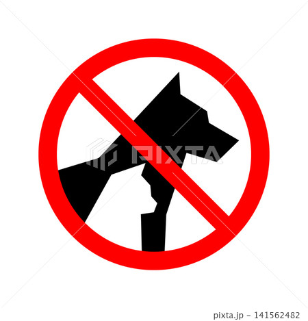 Bold no pets allowed prohibition sign featuring black vector silhouettes of a dog and a cat within a red warning circle. Perfect for public parks, stores, and restricted areas. 141562482