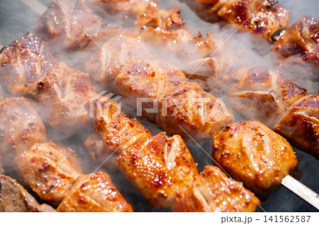 Grilled duck meat skewers with smoky aroma on barbecue grill Grilled duck meat skewers with smoky aroma on barbecue grill 141562587