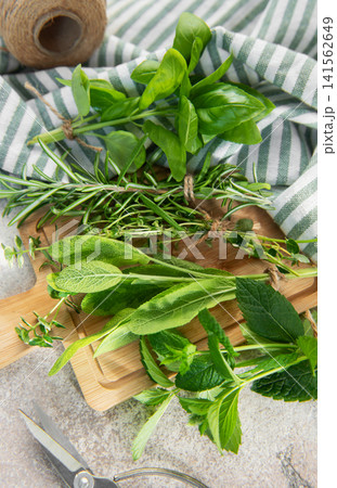 Fresh herbs with garden scissors and twine on board Fresh herbs with garden scissors and twine on board 141562649