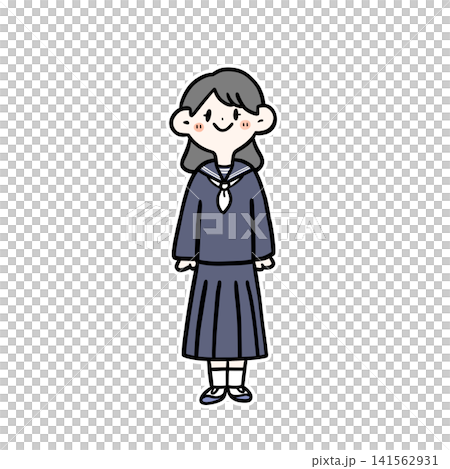 Illustration of a female student in a sailor uniform standing with a smile | Hand-drawn, middle/high school student, uniform 141562931