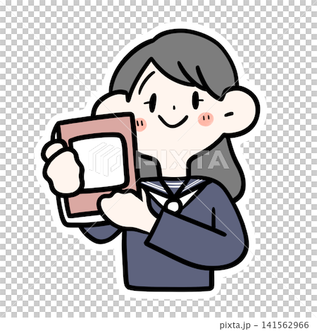 一位微笑的女學生手捧一本書的插圖 | 手繪,學習主題,貼紙風格 一位微笑的女學生手捧一本書的插圖 | 手繪,學習主題,貼紙風格 141562966