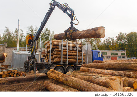 Hydraulic crane loading cut logs onto a timber truck Hydraulic crane loading cut logs onto a timber truck 141563320