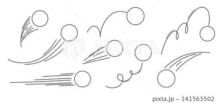 Set of hand drawn sports balls with motion and bounce lines, black outline vector icons for football, soccer and tennis designs. 141563502