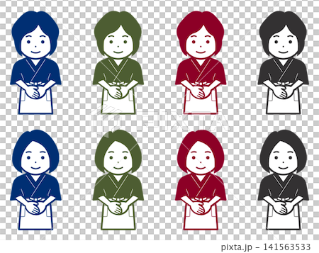 [単色] [髪型違い] 手を前で合わせる作務衣に前掛けの女性のアイコン 141563533