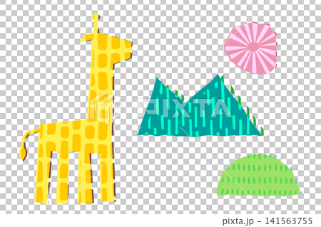 キリンと山の抽象的な工作風のイラストセット 141563755