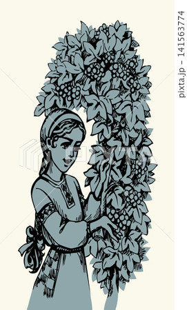 Vector drawing. Girl with viburnum Vector drawing. Girl with viburnum 141563774