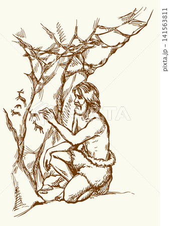 Vector drawing. A primitive man draws in a cave Vector drawing. A primitive man draws in a cave 141563811
