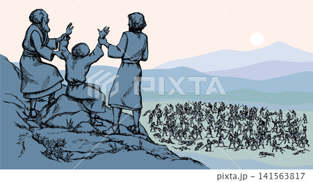 Vector drawing. Moses praying for battle Vector drawing. Moses praying for battle 141563817
