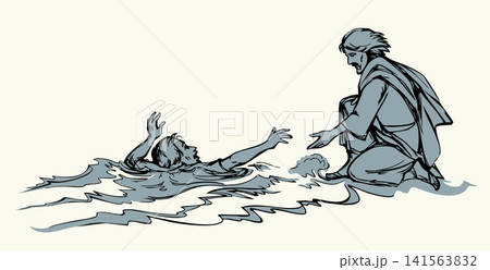 Vector drawing. Jesus helps man in a storm 141563832