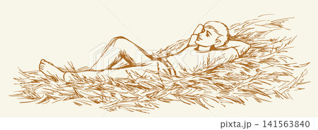 Vector drawing. A boy laying in a hay Vector drawing. A boy laying in a hay 141563840