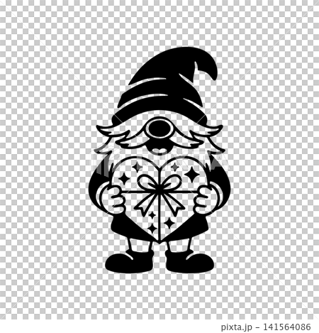 A black and white line art illustration of a cute garden gnome holding a heart shaped gift box vector illustation. 141564086