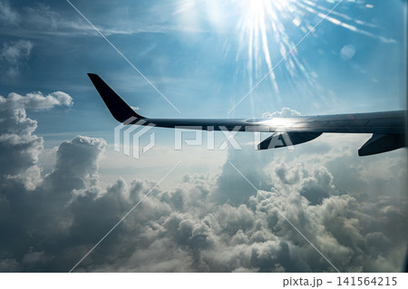 夏空に広がる雄大な積乱雲と機窓の風景 141564215