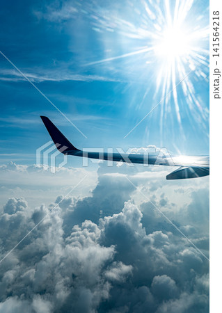 夏空に広がる雄大な積乱雲と機窓の風景 141564218