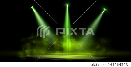 Spotlight background light, stage green smoke or haze, overlay overlay effect on a dark background, magic fog, vapor on floor. Abstract vector illustration Spotlight background light, stage green smoke or haze, overlay overlay effect on a dark background, magic fog, vapor on floor. Abstract vector illustration 141564398