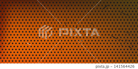 Metal mesh background with perforated plate texture, orange steel grate, holes, industrial grid design, speaker concepts. Mesh modern wallpaper or banner poster cover. Vector illustration. Metal mesh background with perforated plate texture, orange steel grate, holes, industrial grid design, speaker concepts. Mesh modern wallpaper or banner poster cover. Vector illustration. 141564426