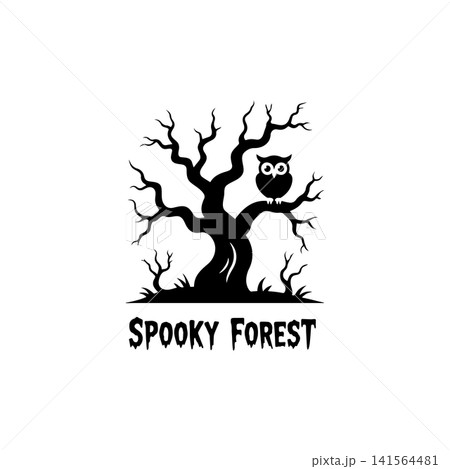 A black and white graphic illustration featuring a spooky bare tree vector illustration. 141564481