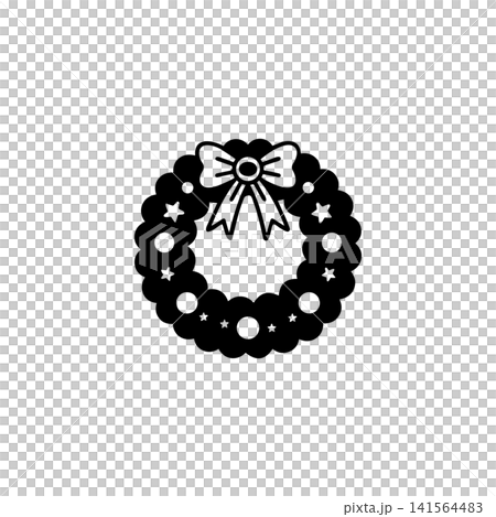 A simple black and white graphic illustration of a festive holiday wreath vector illustration. 141564483