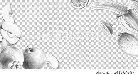 Rectangular frame with apples, pears, bananas, and lemons. Isolated pencil illustration for restaurant design, cafes, culinary blogs, food brands, farms, grocery stores, menus, and labels. Rectangular frame with apples, pears, bananas, and lemons. Isolated pencil illustration for restaurant design, cafes, culinary blogs, food brands, farms, grocery stores, menus, and labels. 141564587