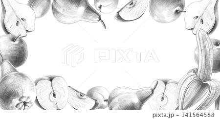 Rectangular frame with apples, pears, bananas, and apricots. Isolated pencil illustration for restaurant design, cafes, culinary blogs, food brands, farms, grocery stores, menus, and labels. Rectangular frame with apples, pears, bananas, and apricots. Isolated pencil illustration for restaurant design, cafes, culinary blogs, food brands, farms, grocery stores, menus, and labels. 141564588